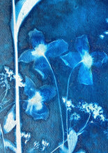 Load image into Gallery viewer, Blue and white botanical print with Cow Parsley, Solomon's seal and Clematis