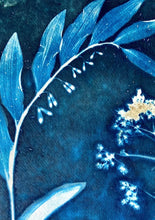 Load image into Gallery viewer, Blue and white botanical print with Cow Parsley, Solomon's seal and Clematis