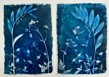 Load image into Gallery viewer, Blue and white botanical print with Cow Parsley, Solomon's seal and Clematis