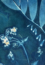 Load image into Gallery viewer, Blue and white botanical print with Cow Parsley, Solomon's seal and Clematis