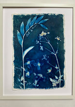 Load image into Gallery viewer, Blue and white botanical print with Cow Parsley, Solomon&#39;s seal and Clematis
